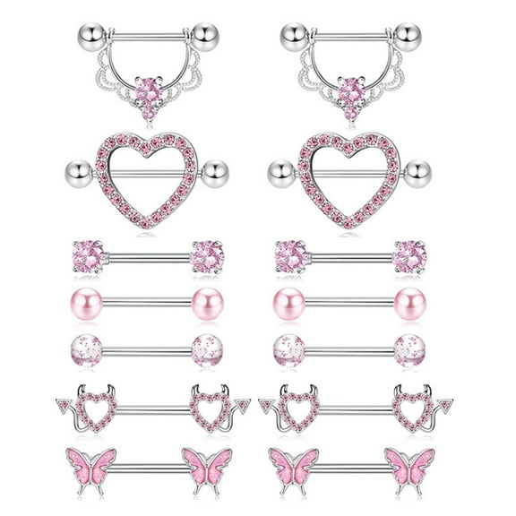 Stylish Pink Moon and Silver Flower Nipple Piercings Jewelry for Fashion Lovers