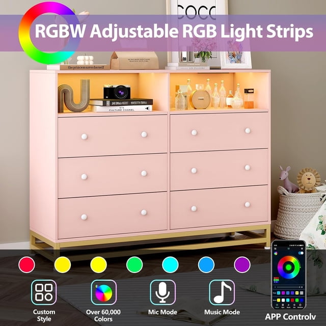 Kojooin Modern Dresser with RGB LED Lighting, 4 AC + 2 USB Charging Station, 6 Spacious Drawers, Durable MDF & Metal Legs, Easy Assembly,Multifunctional Storage for Bedroom/Living Room