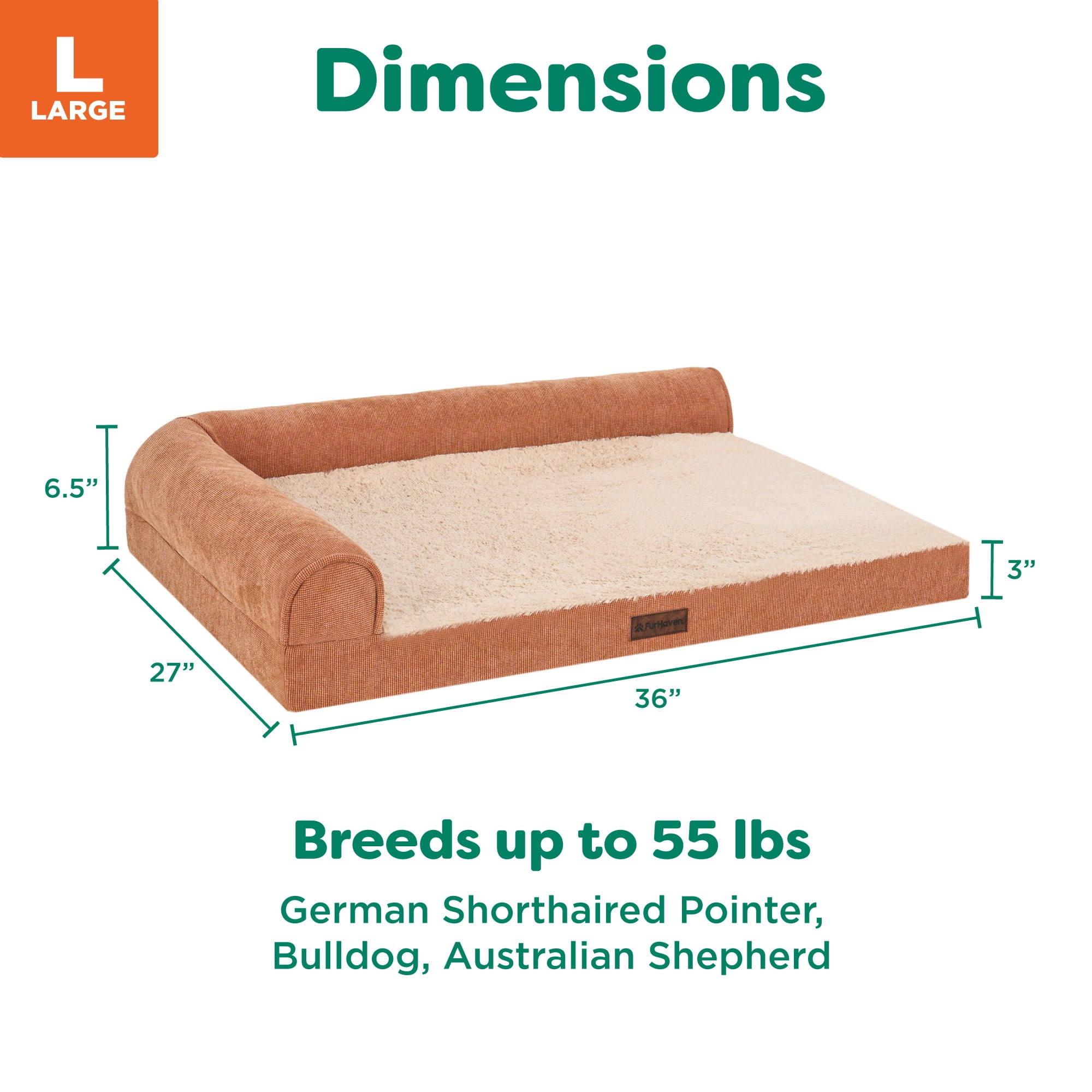 FurHaven Large (36"x27") Cooling Gel Dog Bed – Plush & Grid Cord L-Shaped Chaise Lounge Pet Bed, Removable Washable Cover, Copper
