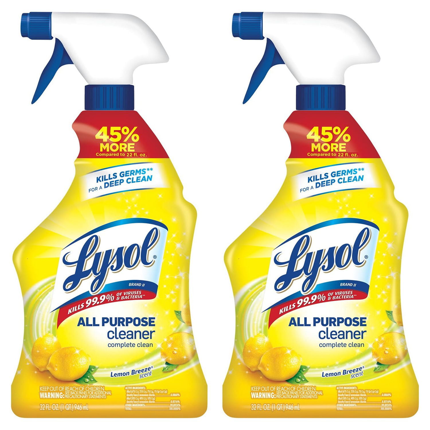 Lysol All Purpose Spray Cleaner for Sanitizing and Disinfecting, Lemon, 32 oz, 2 pack