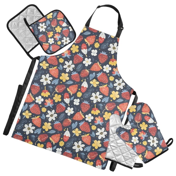 Strawberry Leaf Daisies 5 Pcs Kitchen Set Heat Resistant Oven Mitts and Non-Slip Pot Holders with Adjustable Cooking Apron