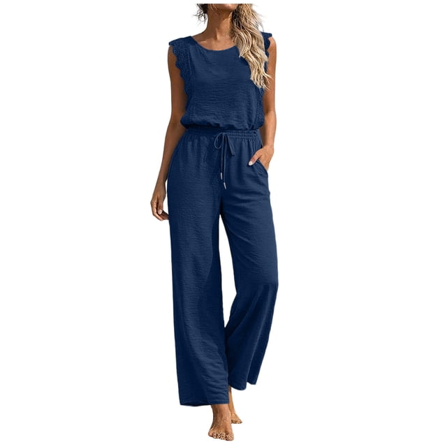 Combinaison pour Femmes, Sans Manches à Jambe Grand, avec Col Rond et Ceinture à la Taille, une Pièce de Couleur Unie