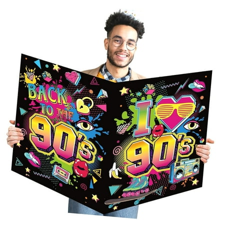 GZHJMY 90' Party Decorations Back to The 90' Theme Love 90' Guest Book Hip Hop Party Decorations Neon 1990s Throwback Decor Large Greeting Card for