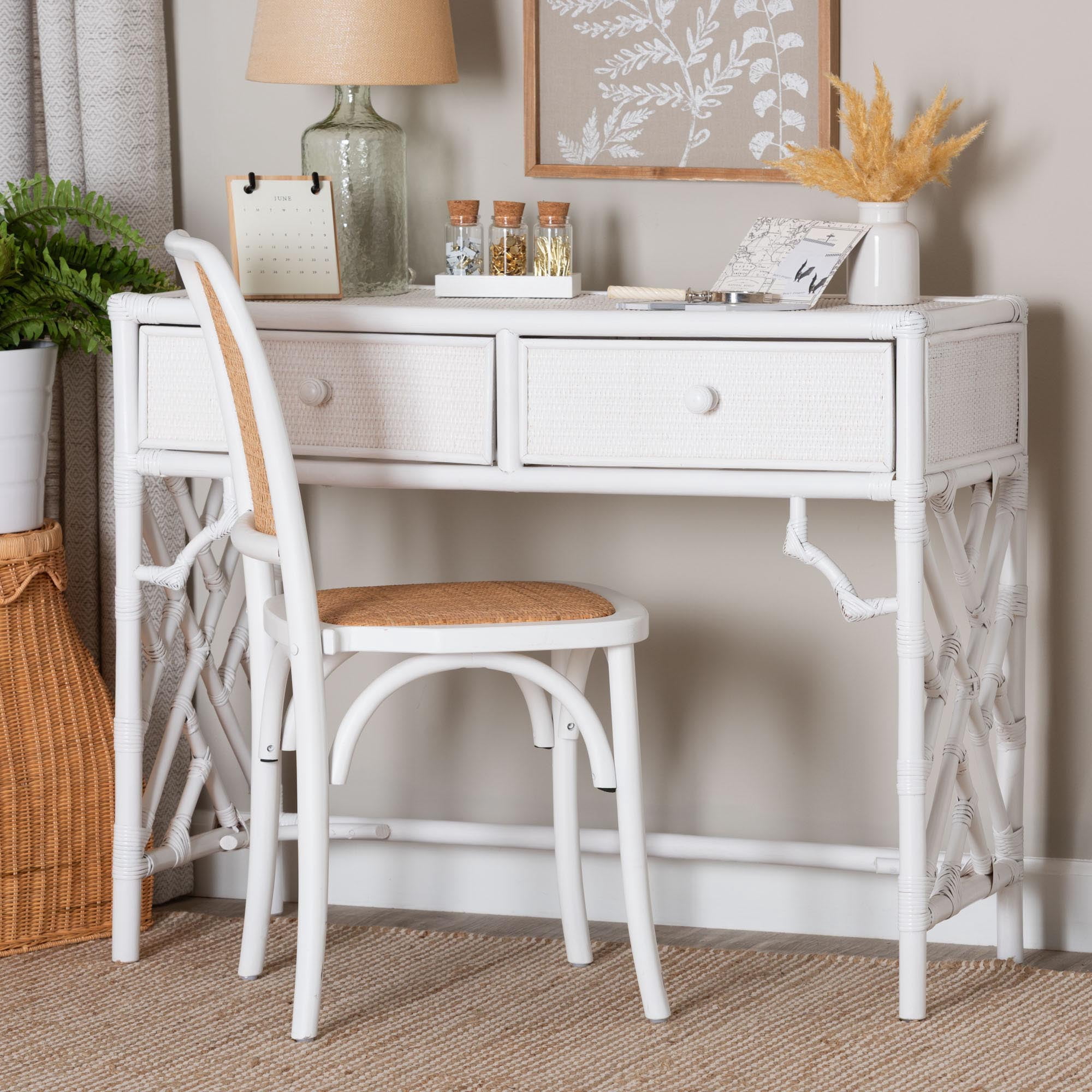 bali & pari Lindie Boho Writing Desk, 2-Drawer, White