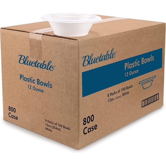 Disposable Bowls 12 oz Bulk Case Pack (800 Count) Plastic Bowl White – Heavy Duty Bowls for Hot Soup Microwave Safe Paper Alternative Large Bowls