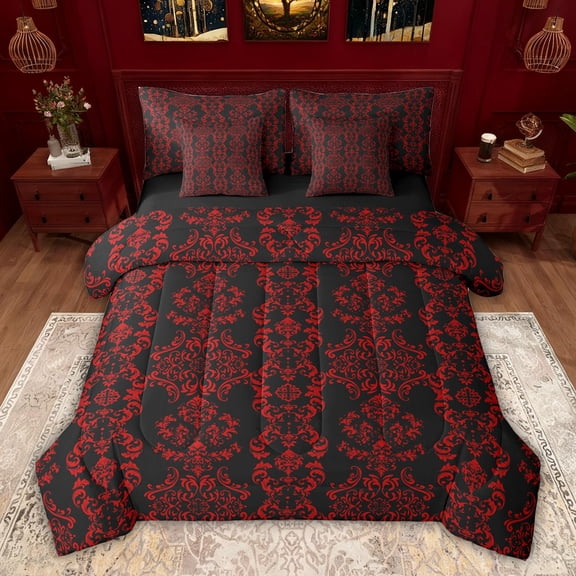 jejeloiu Ancient Damask Jacquard 7-Piece Twin Bedding Sets,Red Black Bedding Comforter Set For Girls Kids Reversible