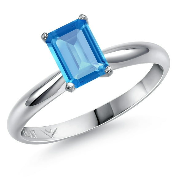 Gem Stone King 0.97 Cttw PT900 Platinum 900 Swiss Blue Topaz Engagement Ring for Women | Emerald Cut 7X5MM | Gemstone November Birthstone | Wedding Anniversary Promise Ring for Women | Size 9