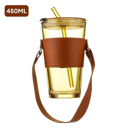 

Virwir 450ml Tumbler Water Glass Iced Coffee Cups with Straw and Lid Sealed Carry on Glass Coffee Mug Thick Wall Insulated Glass Cup