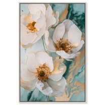 White Blooms with Golden Grace Canvas Pastel Floral Art by Art Remedy, Silver Frame, 36" x 54"