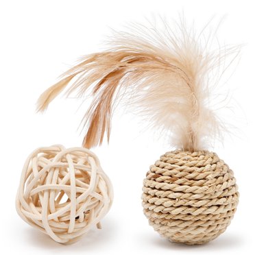 2PCS Rotin Boule Chat Jouet Drôle Fausse Plume Chat Cloche Chaton Jouer Boule