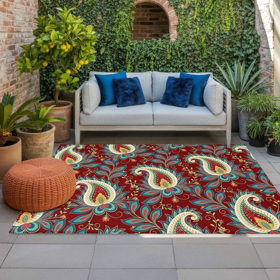 Outdoor Rug 3x5 ft Red Boho Abstract Flower Outdoor Large Area Rug Non Slip Rubber Bohemian Style Floral Front Door Mat RV Rug Carpet Patio Outdoor Rugs for Backyard Balcony Deck Porch Indoor