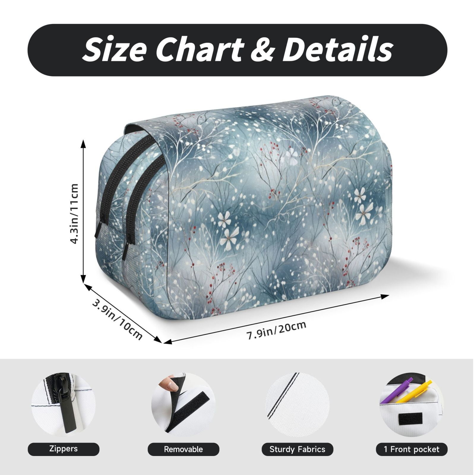 Rateoe enchanted winter snowflake holly Pattern Double Clamshell Pen Case, Storage Organizer with Two Zipper Compartments– Holds Up to 50 Pencils & Pens
