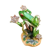 Leaping Green Tree Frog Enameled Keepsake Box Figure