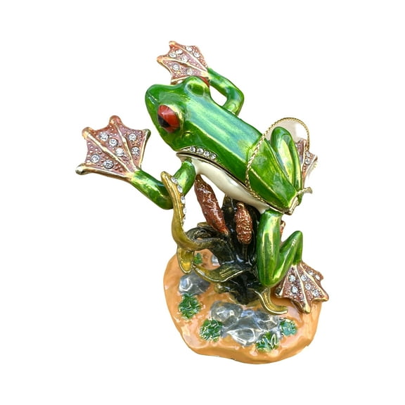Leaping Green Tree Frog Enameled Keepsake Box Figure