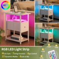 thumbnail image 4 of End Table with Charging Station, Narrow Side Table with Adjustable Fabric Drawer, 3-Tier End Tables Living Room, Small Nightstand with Outlets, LED Skinny Night Stand for Bedroom Small Spaces White, 4 of 18