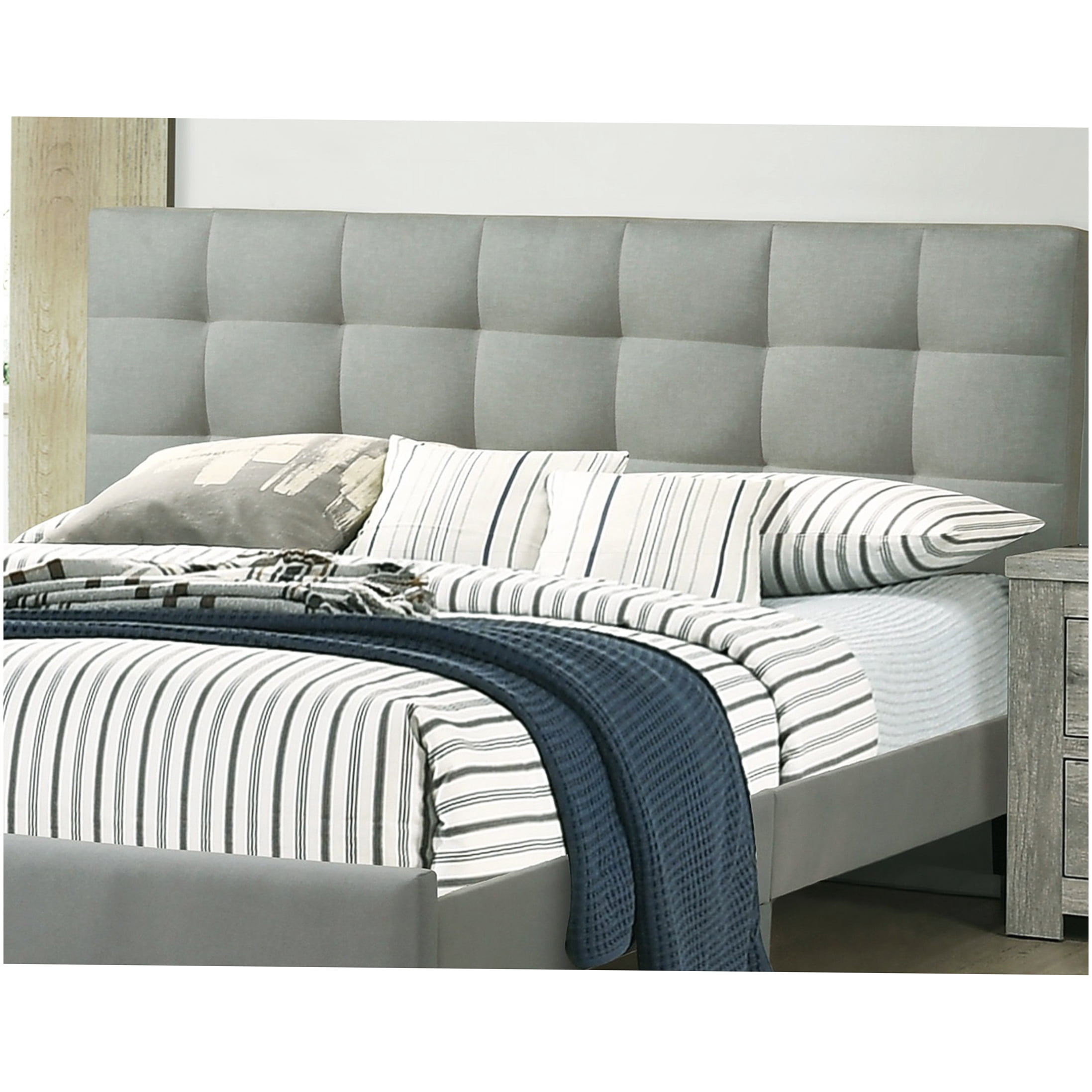 Modern Queen Bed Frame with Upholstered Headboard, Light Grey Fabric Platform Bed, No Box Spring Required