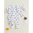 thumbnail image 5 of Suealasg Baby Girl 2Pcs Fall Outfits Ruffle Long Sleeve Bow Print Jumpsuit with Headband Set Newborn Clothes, 5 of 9