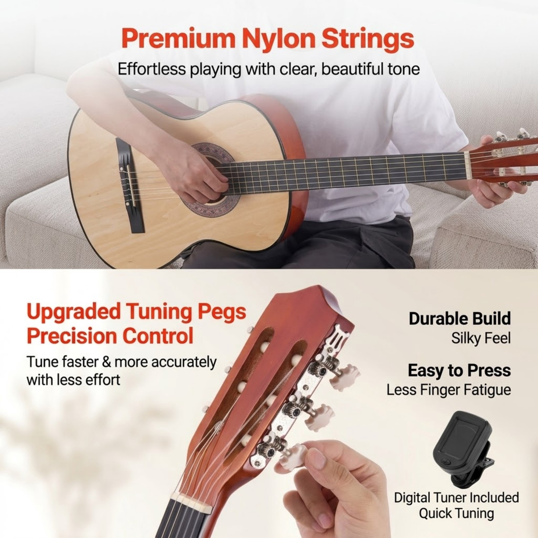 38-Inch Classical Guitar Beginner Starter Kit, Basswood Wood Guitar with Nylon Strings, Gig Bag & Tuner, Natural