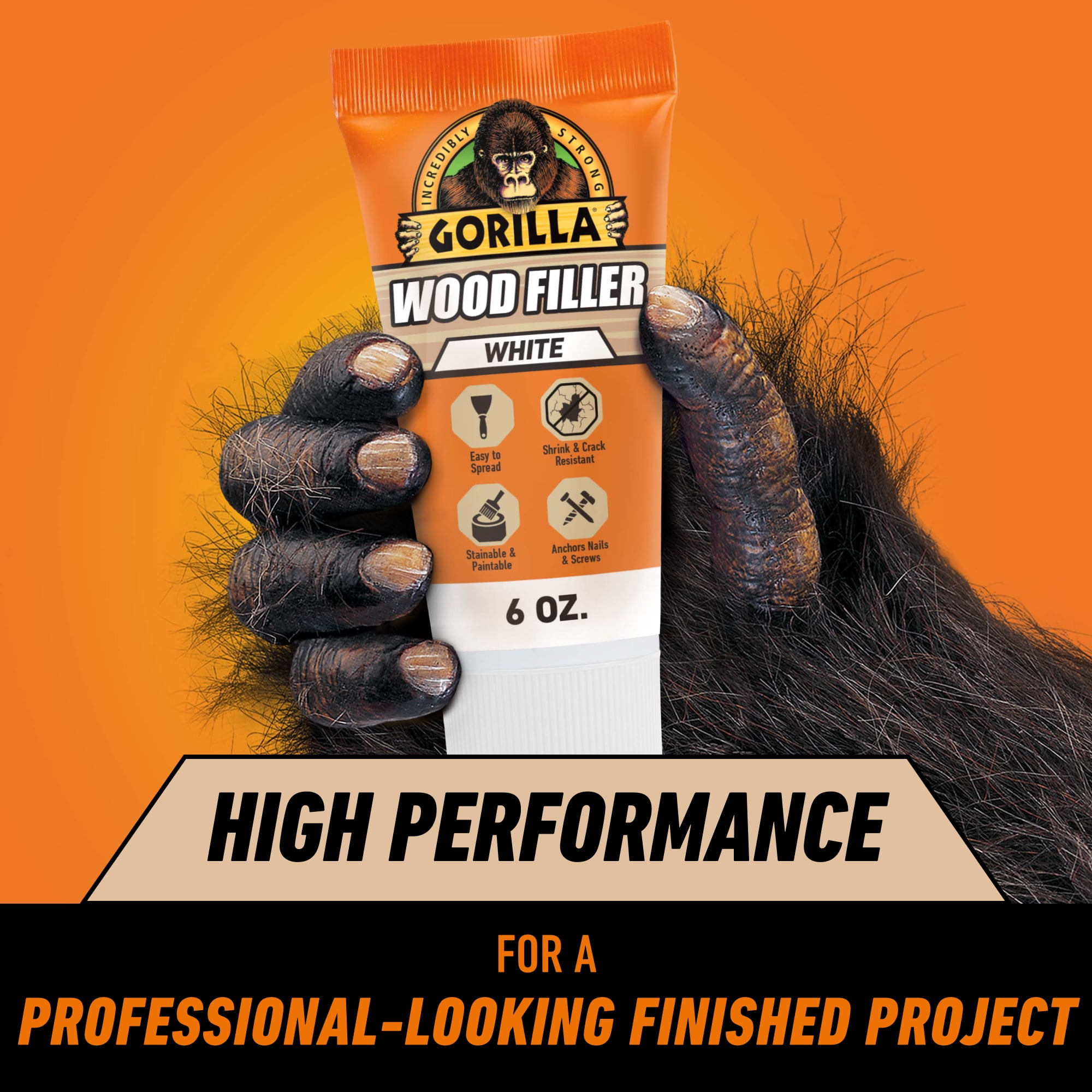 Gorilla All Purpose Wood Filler, White Wood Filler, 6 Ounce Tube - Water Resistant for Indoor or Outdoor Projects and Repairs