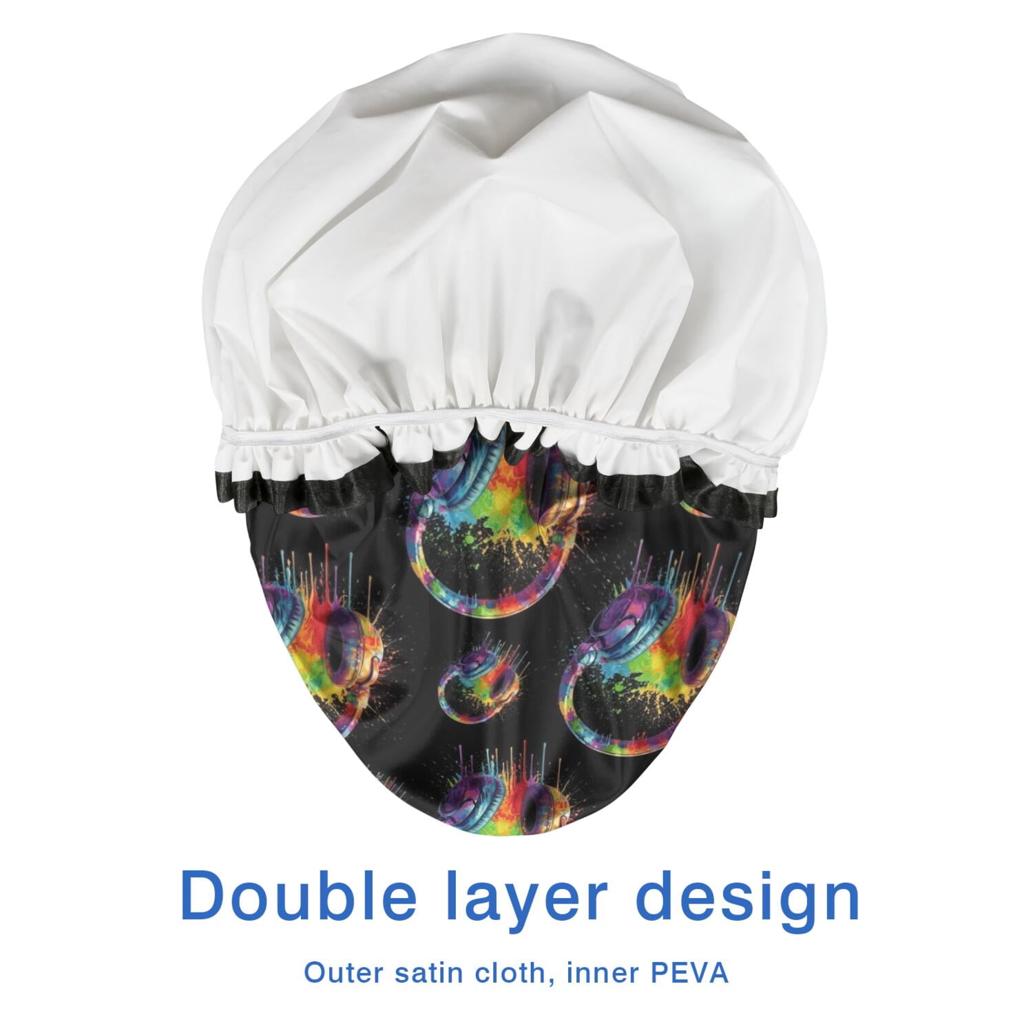 Shower Caps,Colorful Headphones Games Black Pattern Waterproof Shower Cap for Women 4 Pieces,Double Reusable Hair Cover for Shower PEVA Elastic Stretch Hem