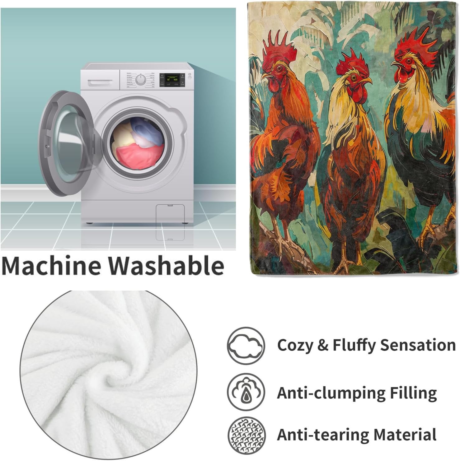 Rooster Throw Blanket Gifts, Soft Cozy Fleece Blanket with Colorful Farmhouse Chicken Print, Lightweight Warm Blanket for Couch Bed Sofa, Perfect for Country Decor and Bird Lovers, 50x60 in