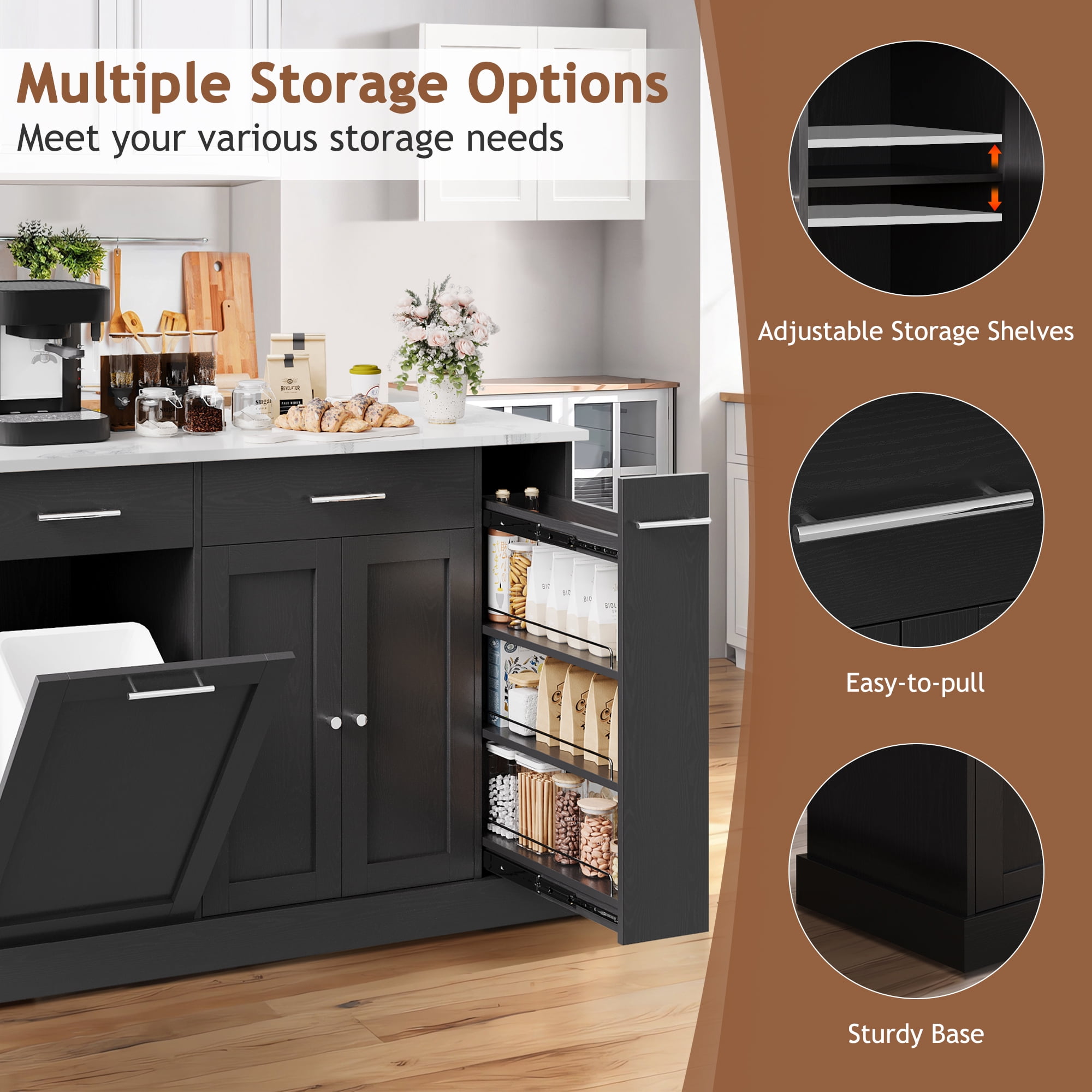 DreamCurship 52" Kitchen Island with Storage, Rolling Kitchen Cart Island with Wheels, Tilt Out Kitchen Trash Cabinet 10 Gallon Storage, 3 Large Spice Racks and 2 Drawers, Black and Marble