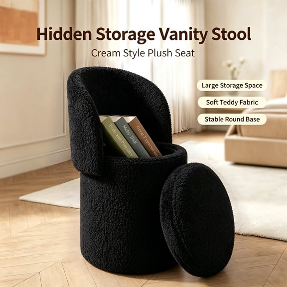Makeup Stool 15.7 Inch, Vanity Stool with Storage and Foldable Backrest for Bedroom and Dressing Room, Upholstered Accent Chair for Living Room, Black