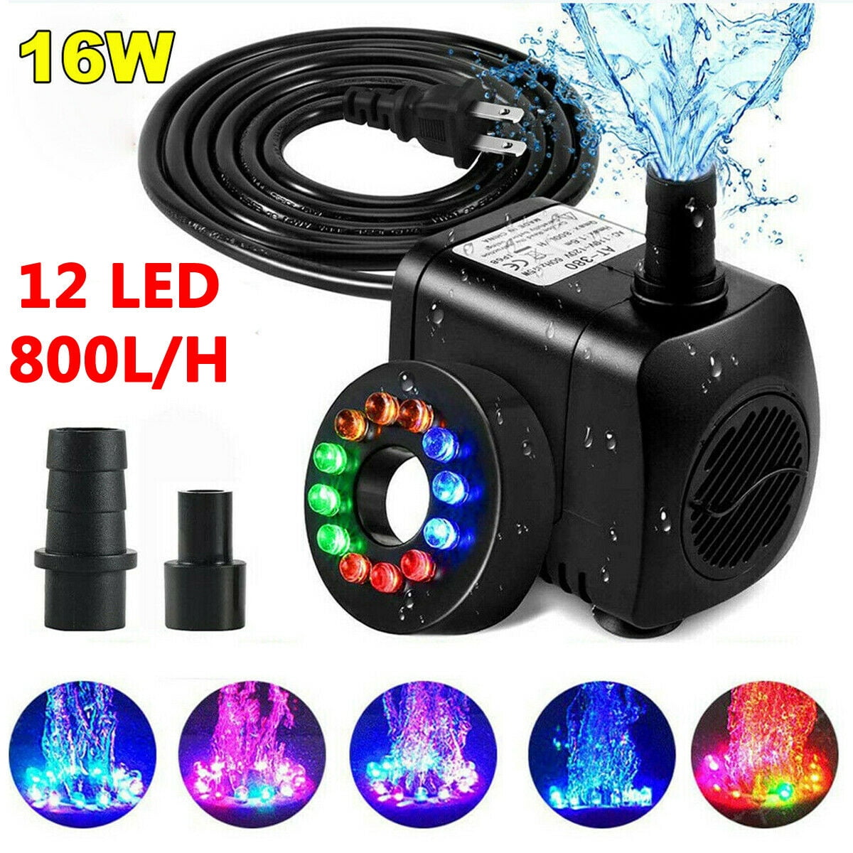 15W Submersible Water Pump with 12 LED Light for Fountain Pool Garden Pond Fish 
