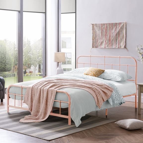 Queen Size Metal Bed with Rounded Corner Headboard and Footboard, Pink