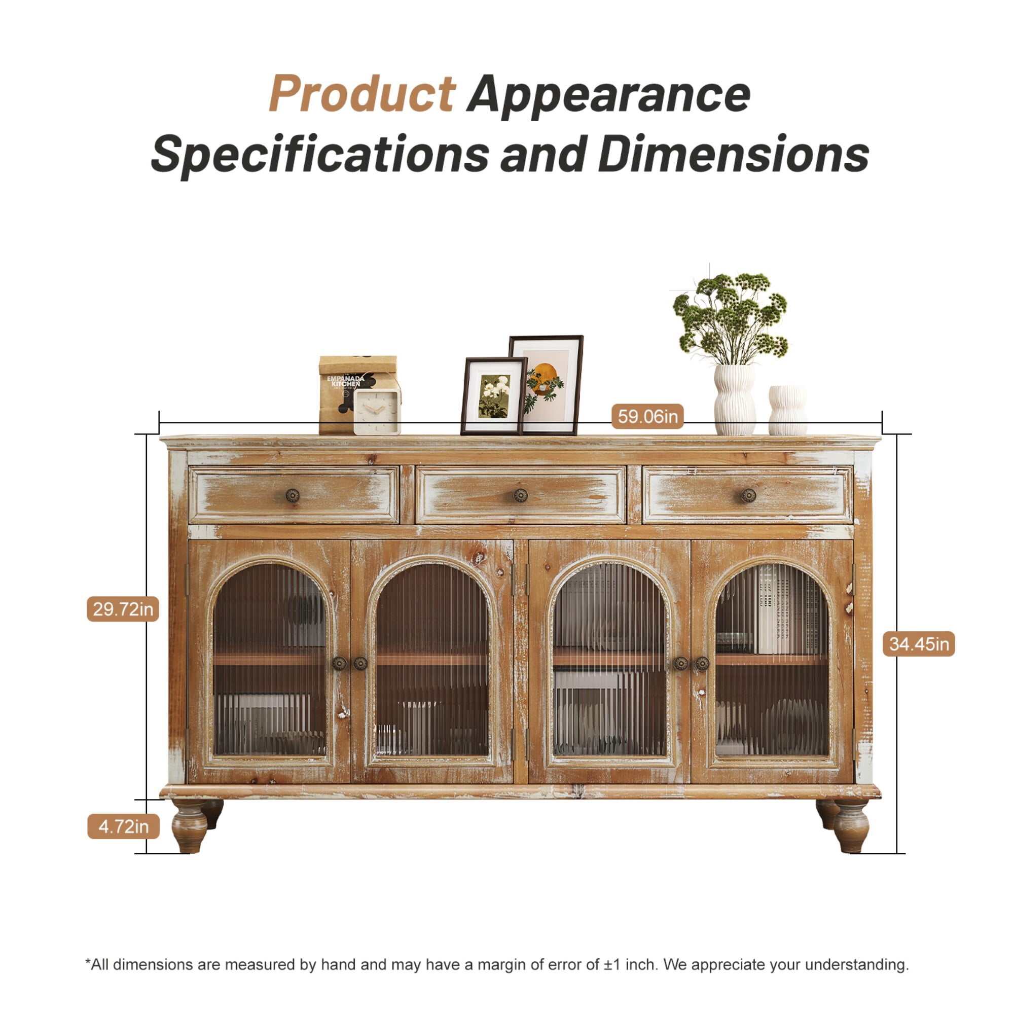 AENKYO 59" Farmhouse Sideboard Buffet, Distressed Wood Credenza with 3 Drawers & 4 Fluted Glass Doors, Natural