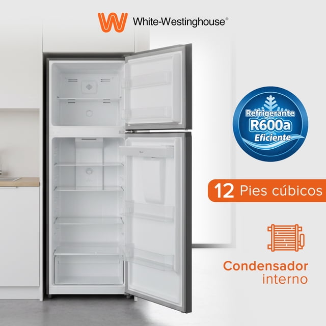 White Westinghouse Refrigerador 12 pies Top Mount 334 L Inverter automático 2 puertas congelador Control mecánico de temperatura Despachador de agua Puerta reversible Luz interior