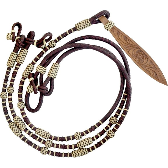 Hand-Braided Cherry Rawhide Romal Reins – 8.5 Ft Reins with White Plaited Design and Leather Knots – Premium Ranch Horse Tack, 52" Romel