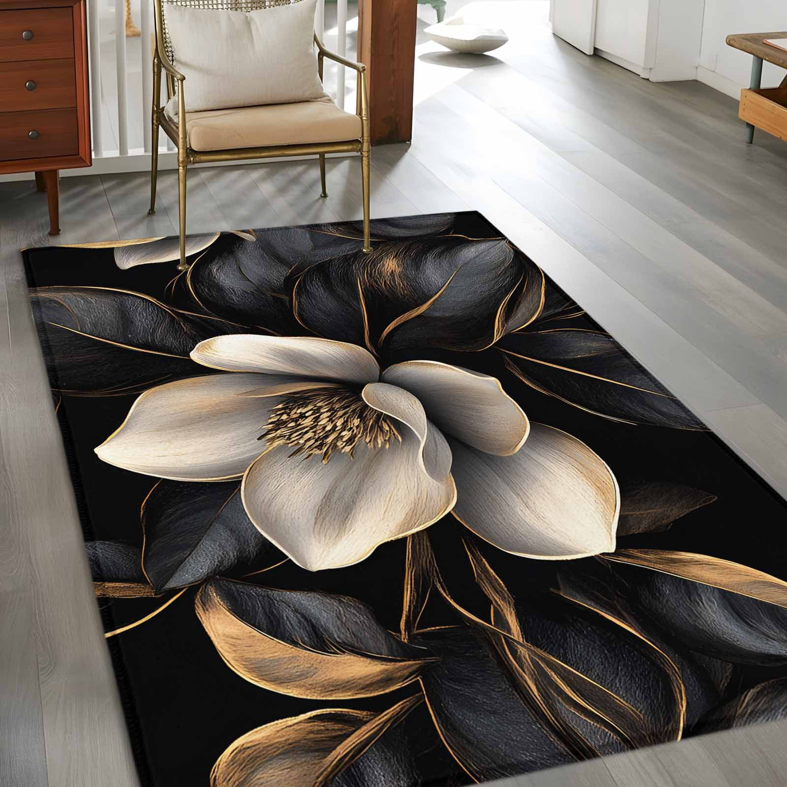 3'x5' Area Rugs, Black Gold Flower Indoor Outdoor Area Rug for Living Room Bedroom, Gradient Luxurious Floral Botanical Washable Bathroom Rugs Kitchen Floor Carpet Mats Home Decor Aesthetic