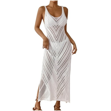 Dvprdro Womens Summer Tank Dress Fashion Solid Crew Neck Sleeveless Hollow Side Split Bikini Cover-Up Casual Loose Beach Sun Long Maxi Dress on Clearance