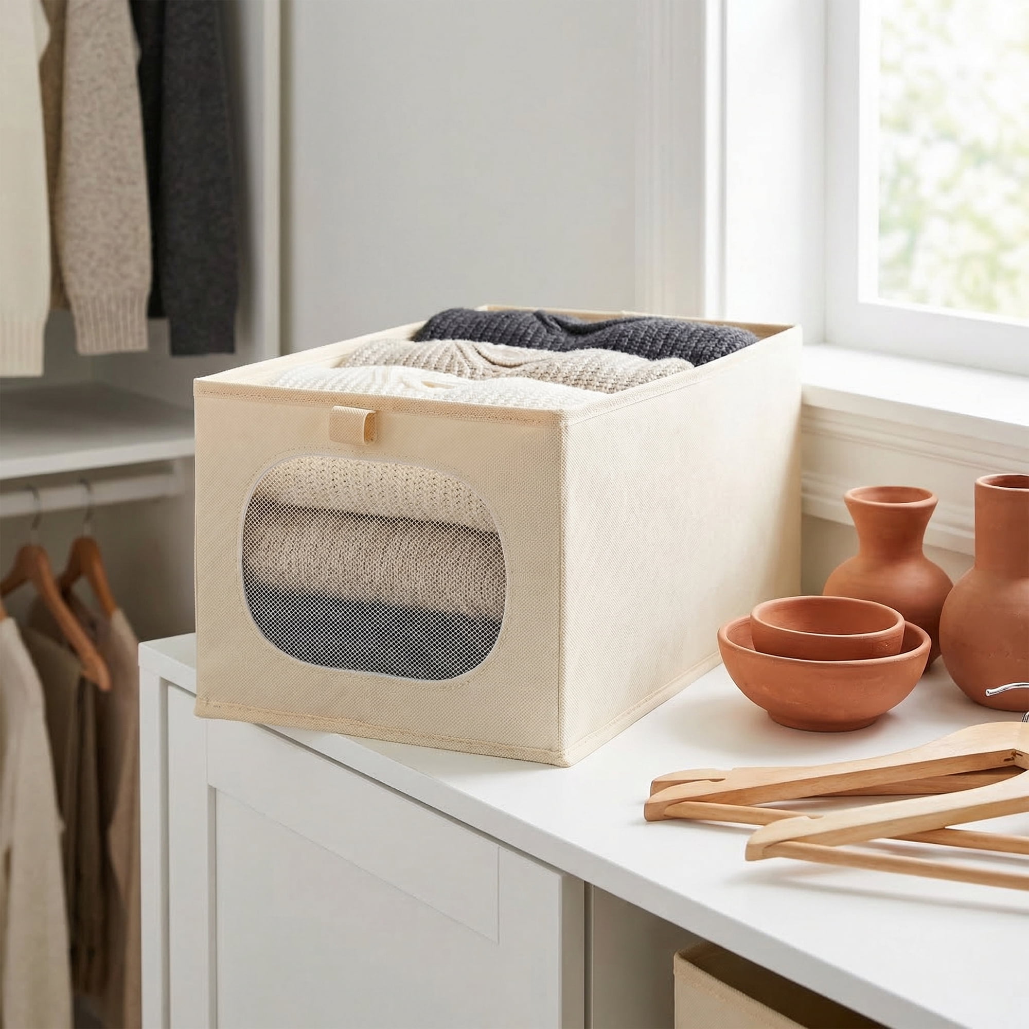 Unique Bargains Fabric Storage Bin With Bottom Beige 17.3*9.8*7.9in