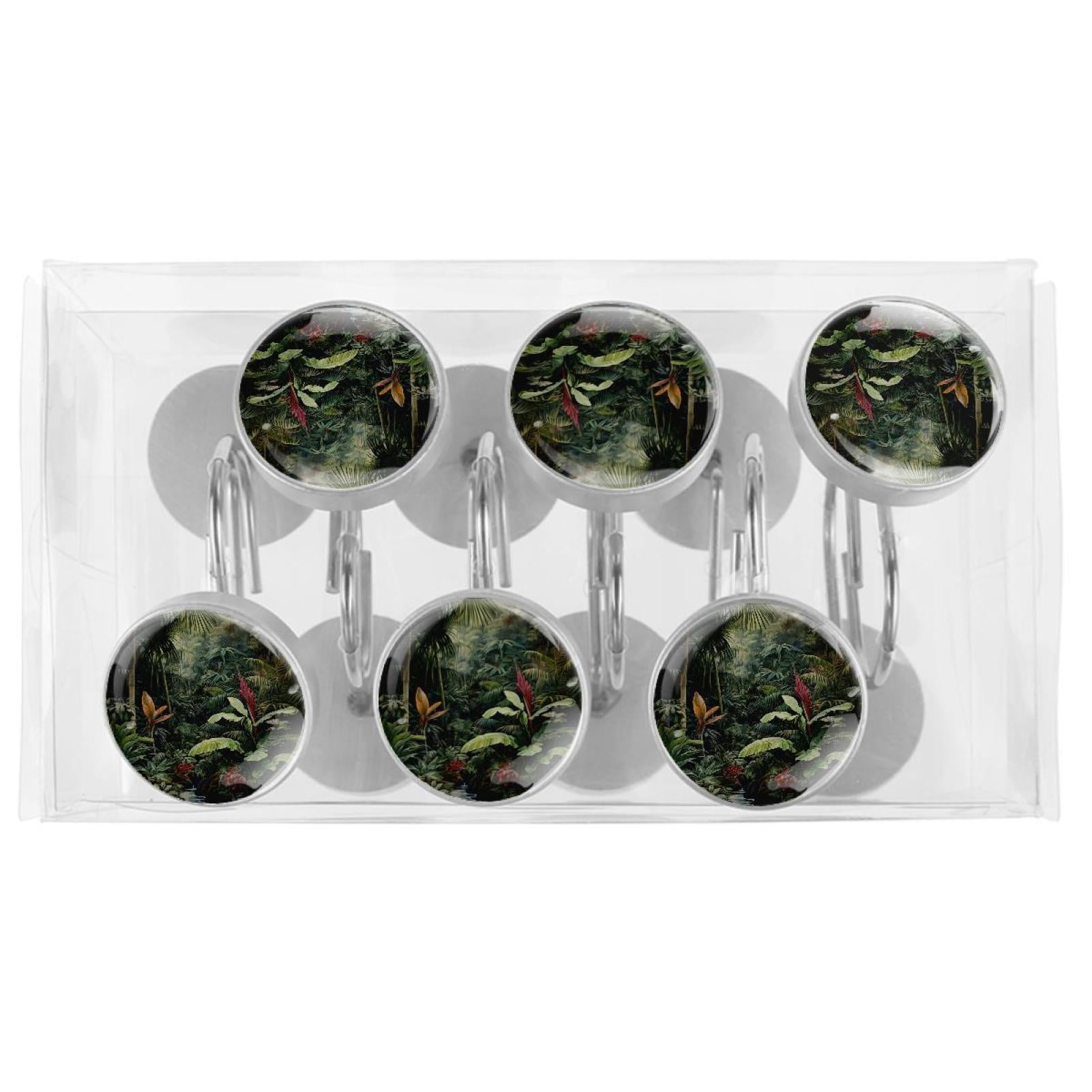 HemaKayy 12 Pcs Decorative Shower Curtain Hooks - Stainless Steel Rings for Bathroom Décor - Easy Glide & Secure Hold - Perfect Decoration for Bathroom Shower Rods - Tropical Plants