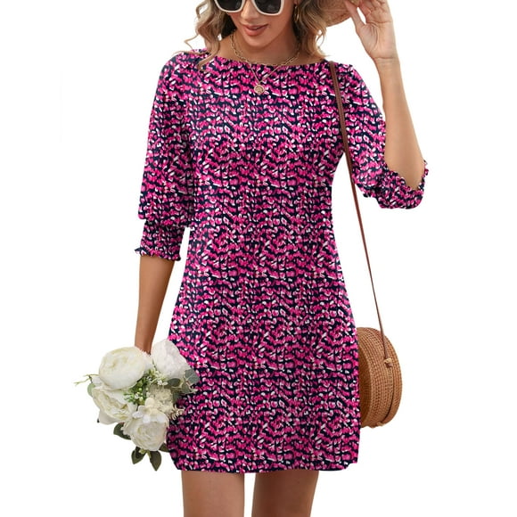 Vestido LUYAA rosa con estampado floral de manga 3/4 y cuello redondo para mujer