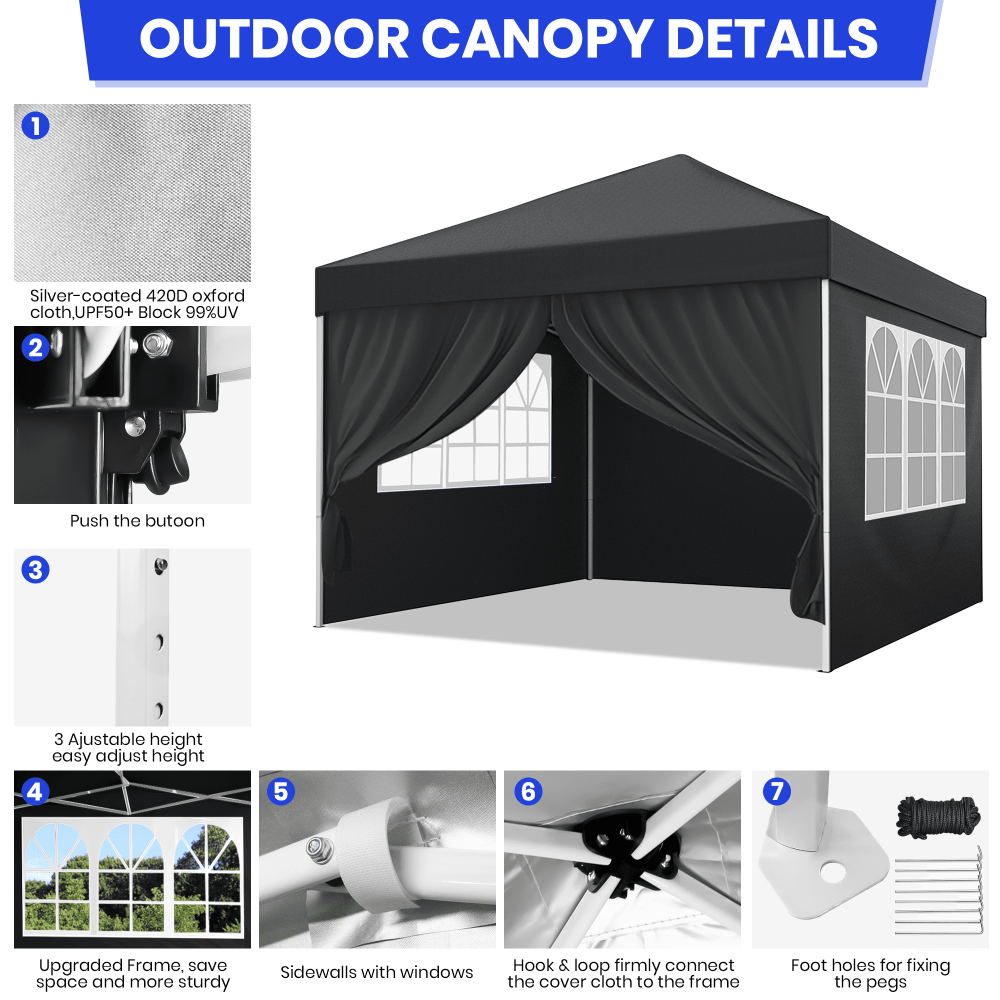 GVDV 10X10Ft Pop up Canopy Tent Enclosed Instant Folding Canopy Shelter with Elegant Church Window, Black