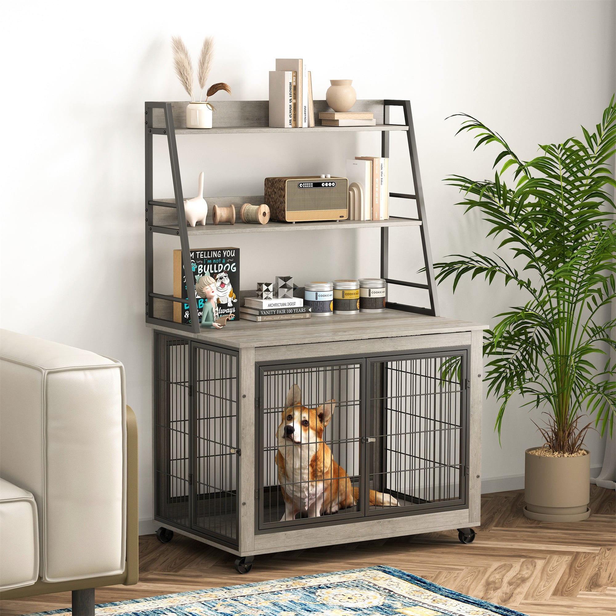 Pefilos 57" Wood Dog Crate Furniture with 3 Tier Shelves, kennel Equipped with Double Doors and A Raised Roof, Gray Pefilos 57" Wood Dog Crate Furniture with 3 Tier Shelves, kennel Equipped with Double Doors and A Raised Roof, Gray