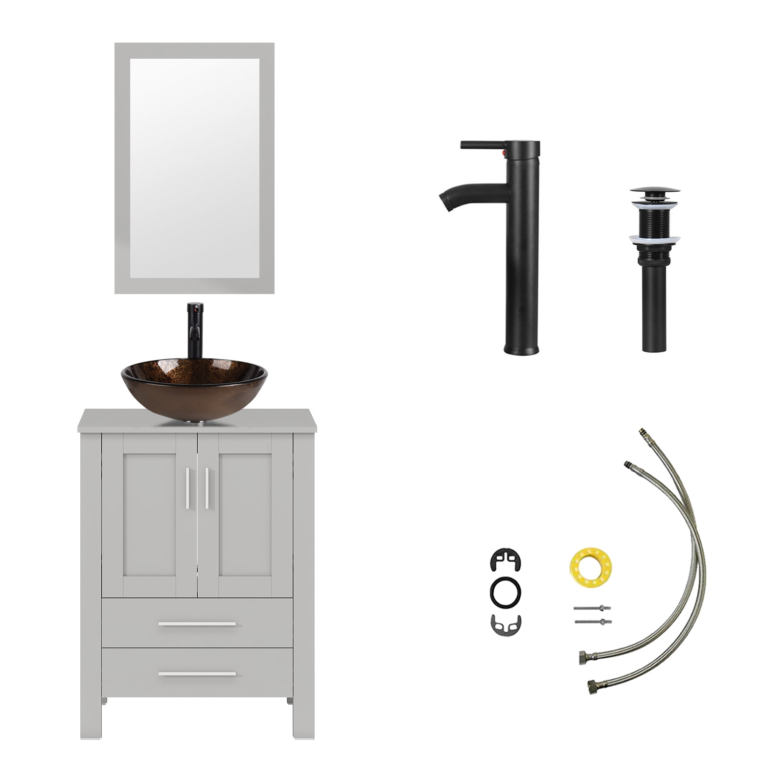 ELECWISH 24-Inch Bathroom Vanity in Gray with Mirror and Round Sink Set, Modern Stand Pedestal Cabinet with Brown Glass Sink Set