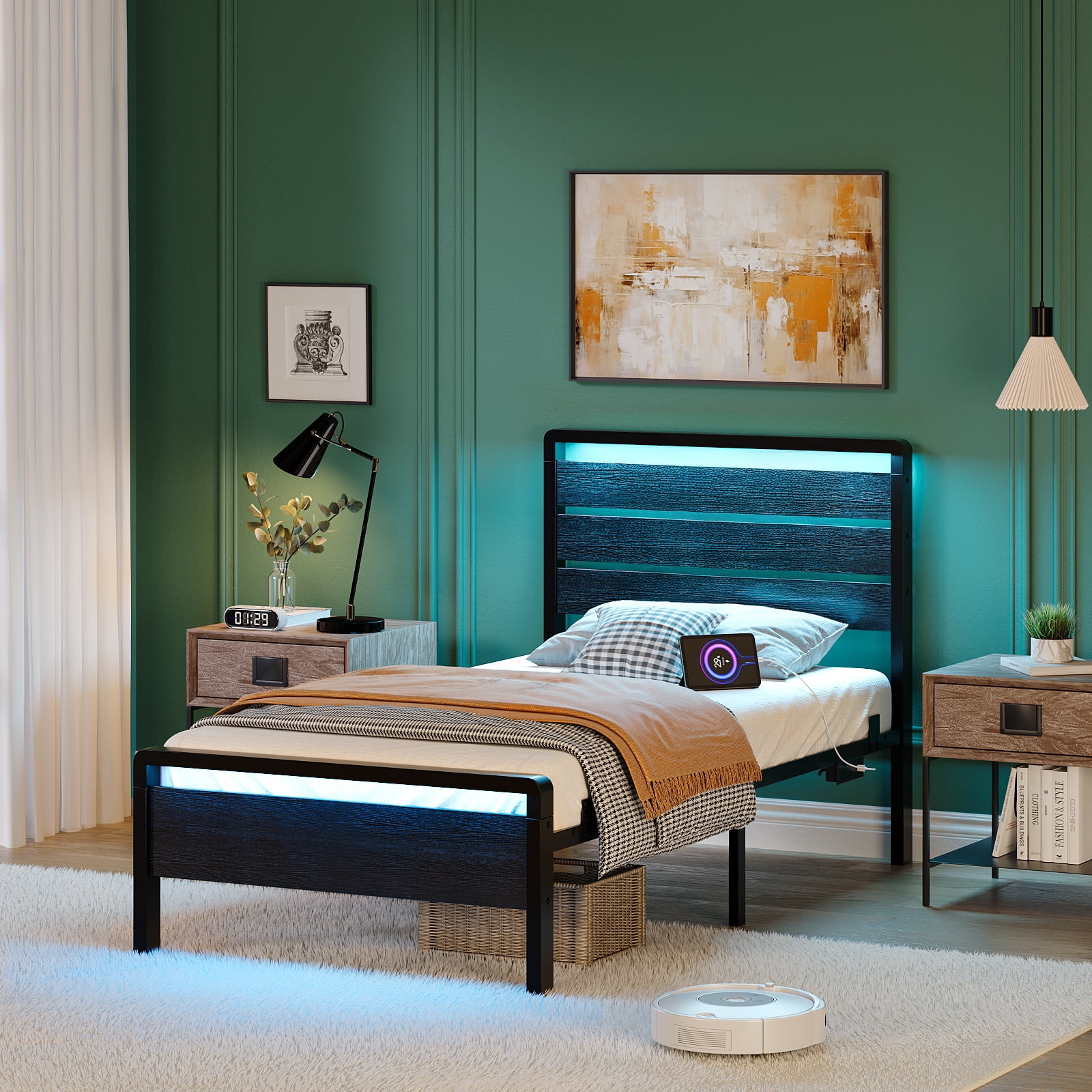 Ktaxon Twin Size Bed Frame with LED Headboard & Footboard, Metal Platform Bed with Charging Station, Black