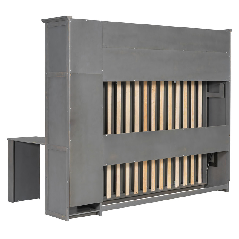 Full Size Murphy Bed with Desk and Open Shelf, Space-Saving Wall Folding Platform Bed Frame with Rattan-Door Cabinets