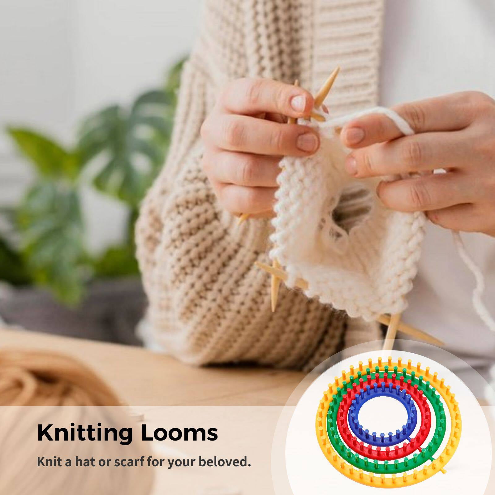 Round Knitting Loom Set,4 Pcs Circular Knit Looms with Crochet Hook and 2 Pcs Needles,DIY Knitting Tools Set for Hats Gloves and Socks Home DIY Projects