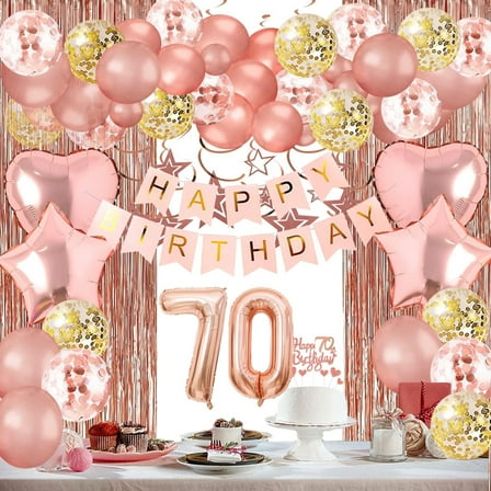 Birthday Decorations Women - Rose Gold 70th Birthday Decorations Supplies for Her With Curtains, Hanging Swirl, Balloons, Banner, Star garland, Cake Topper, Cupcake Toppers