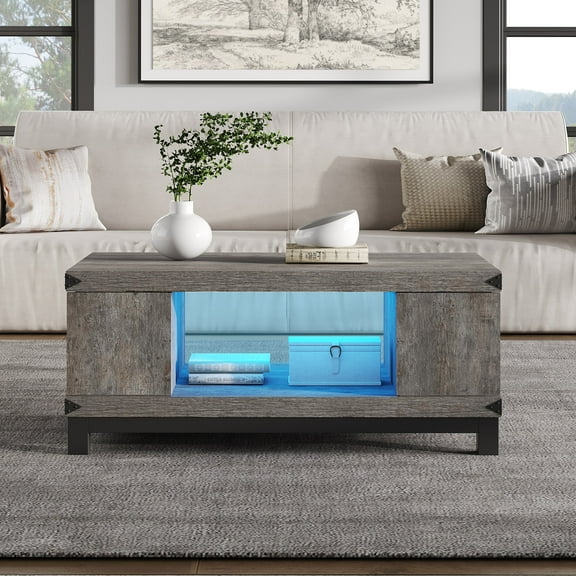 Wood Coffee Table with LED Lights for Living Room,Rustic Gray
