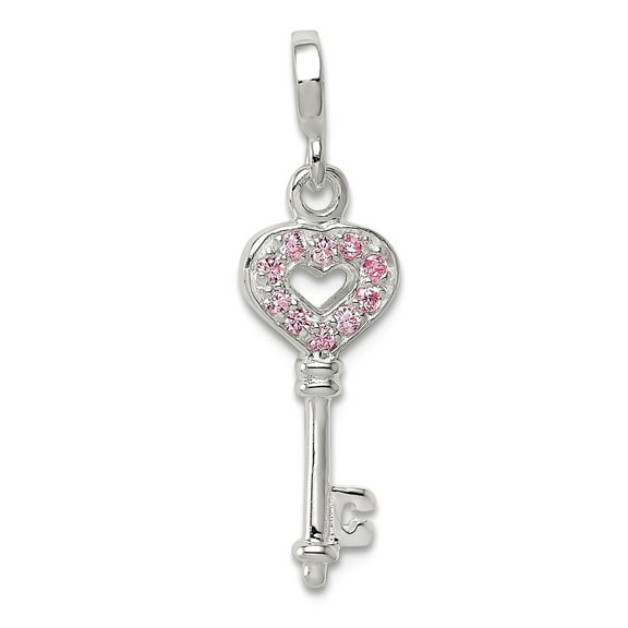 925 Sterling Silver Polished Key with Pink Cubic Zirconia Love Heart Enhancer Charm 25x7mm Wide Pendant Necklace for Wom