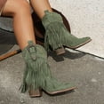 thumbnail image 4 of Women's Long Fringe Wide Calf Cowgirl Boots Boho Casual Suede Chunky Block High Heel Mid Calf Cowboy Dress Short Booties Green Size 7, 4 of 8