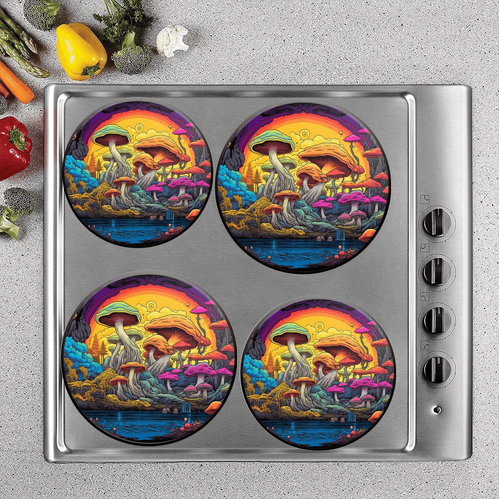 BaHomeck Electric Stove Burner Covers Set of 4,Round Metal Gas Stove Burner Covers 8 Inch and 10 Inch,Kitchen Decor,Mushroom Forest With Lake In Vibrant Colors