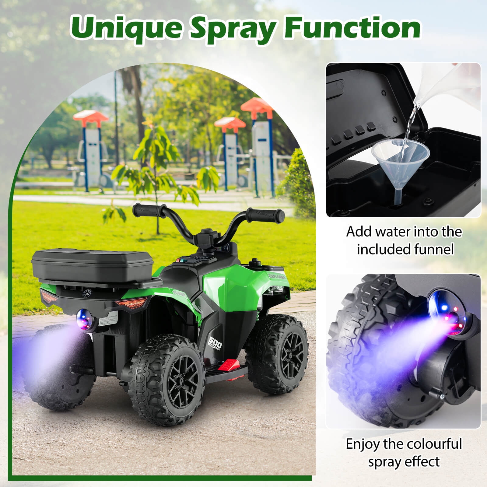Infans 6V Kids Ride On ATV w/ Music & Spray Function USB Port Storage Box Toy Car