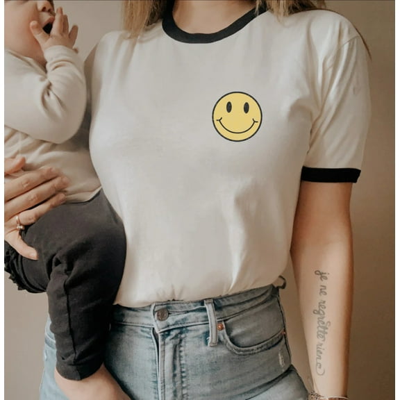 BE HAPPY Graphic Ringer Tee